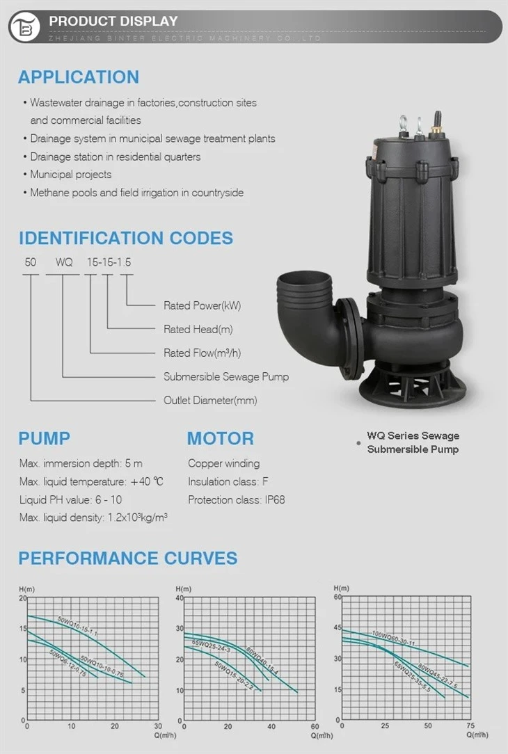 Factory Supply 100WQ100-30-15 Submersible Sewage Pumps For Sewage Drainage